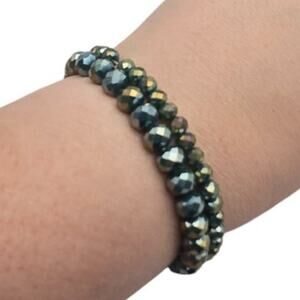 Teal Iridescent Beaded Stretch Bracelets Set of 2 – Gold Faceted Stackable